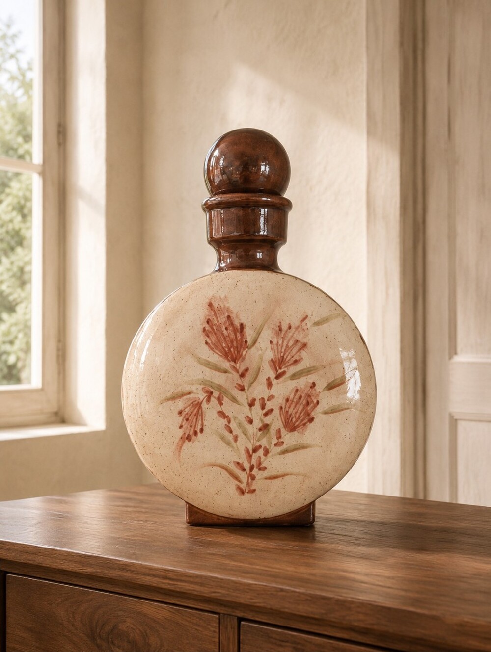Vintage Hand Painted Stoneware Wine Decanter Floral Ceramic Carafe Signed 1986